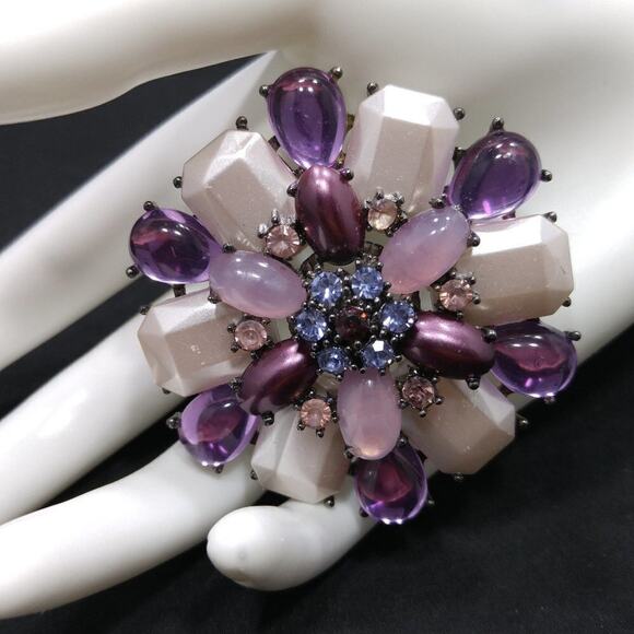 Purple White Cabochons Gunmetal Gray Brooch, Lavender Purple Rhinestones, 2 1/2" - Picture 2 of 6